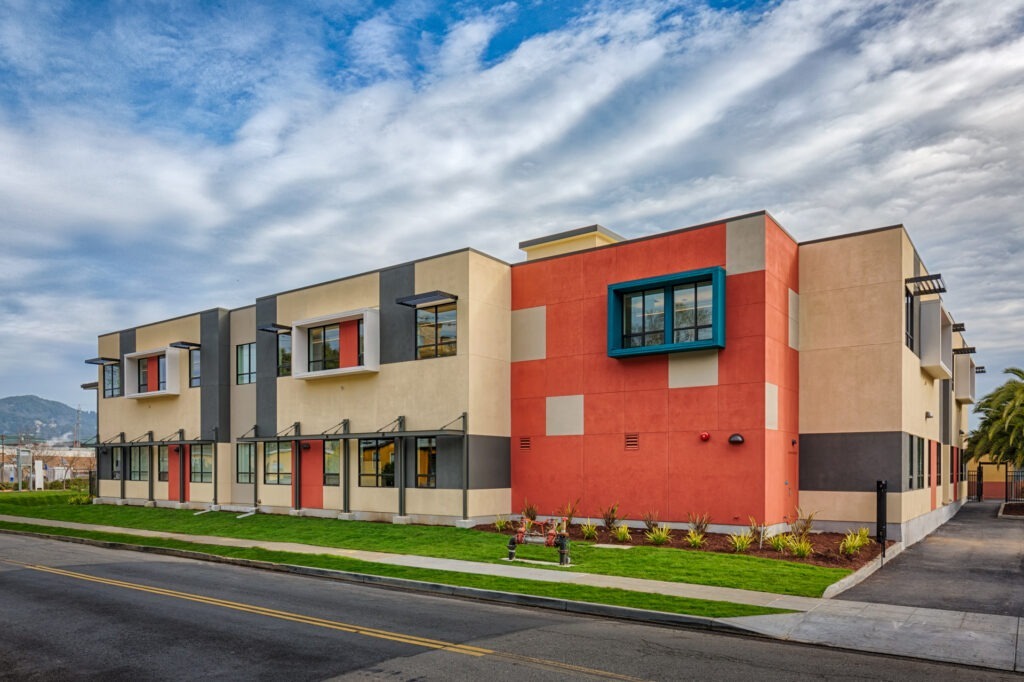 Street view of Davidson Middle School’s modular science building, emphasizing its vibrant design and modern architectural elements.