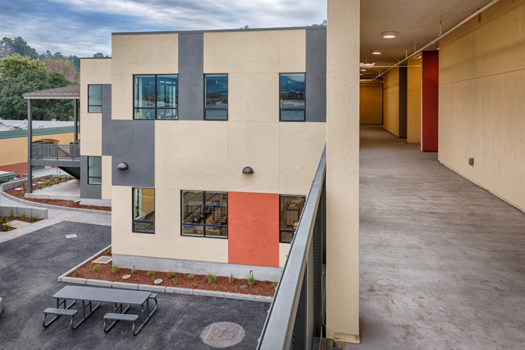Balcony view of the Davidson Middle School science building, with a focus on the exterior layout and open-air walkways.