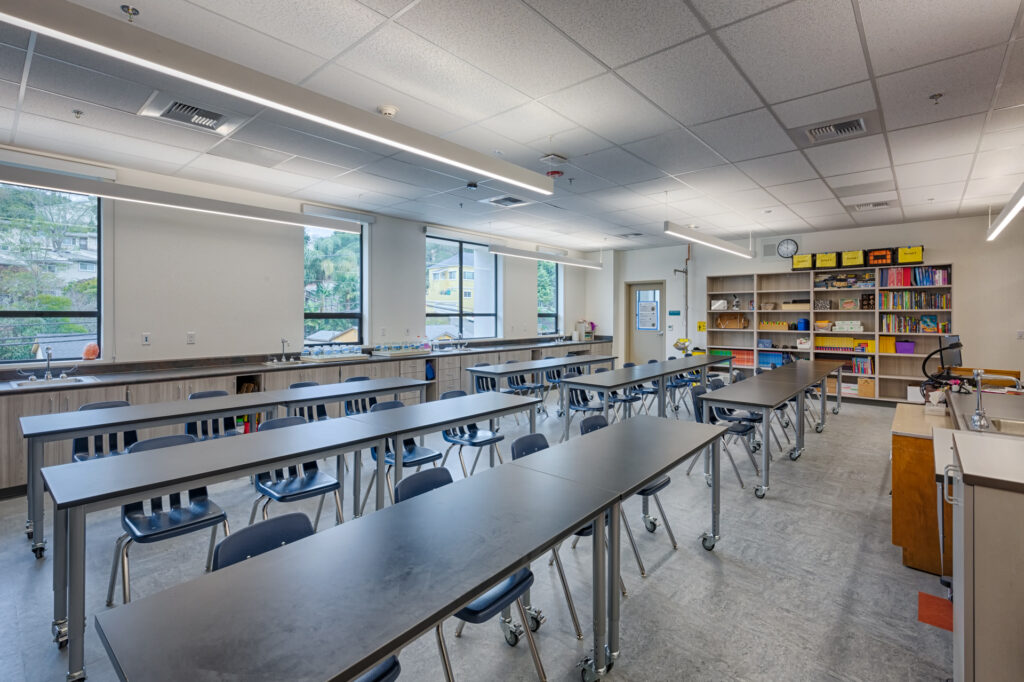 Spacious and modern science lab at Davidson Middle School, featuring lab tables and large windows for natural light.