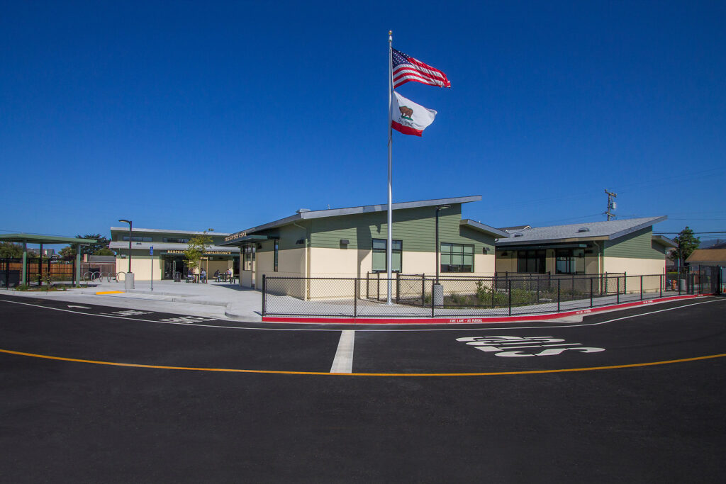 Exterior view of a state-of-the-art continuing education campus in California, featuring green design elements and modern educational facilities.