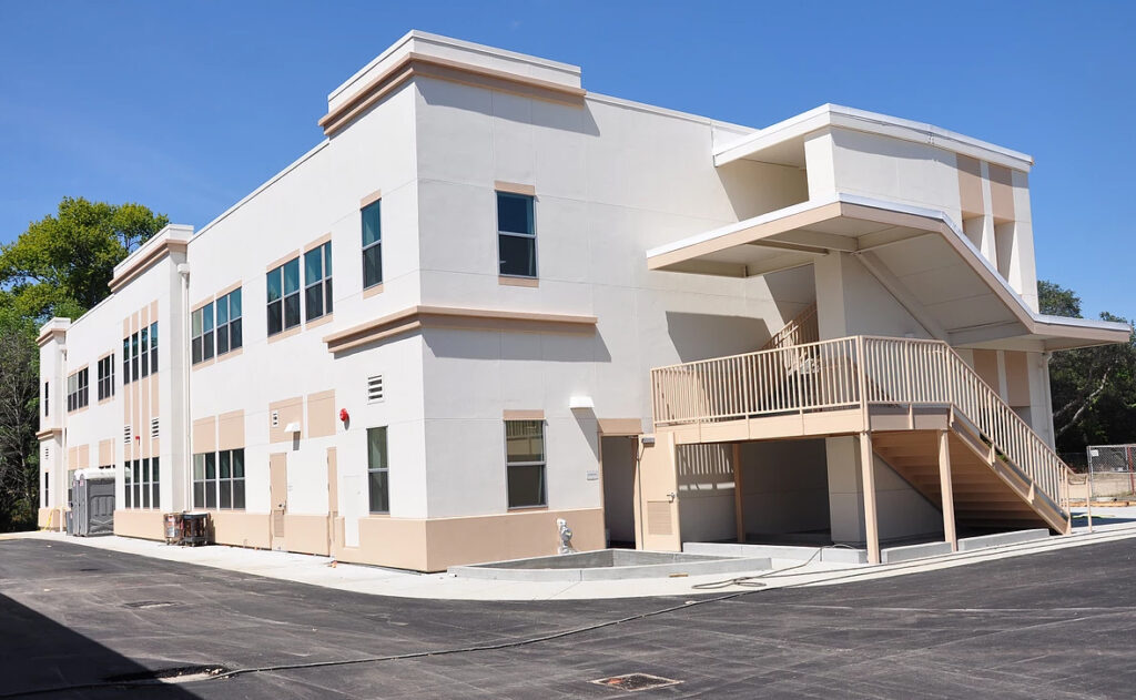 Rear view of the Soquel Elementary School two-story modular classroom building, showing the modern architecture and functional design.