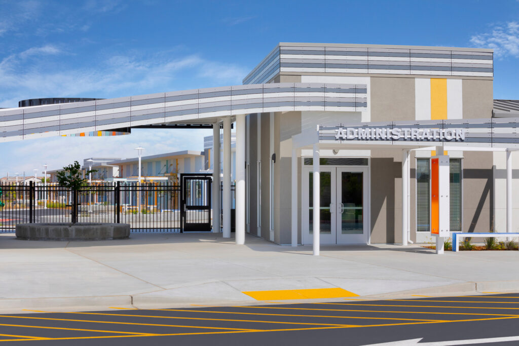 Exterior view of the modern administration building at Spring Lake Elementary, constructed using modular building techniques.