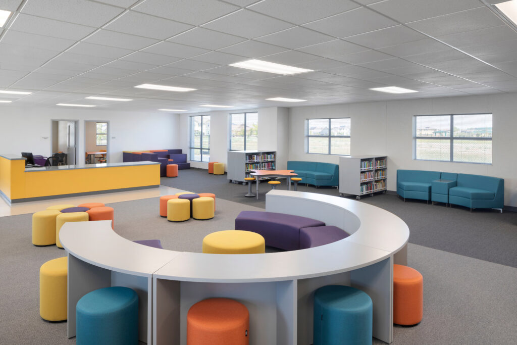 Colorful and flexible student collaboration center at Spring Lake Elementary School designed to support STEAM and project-based learning.