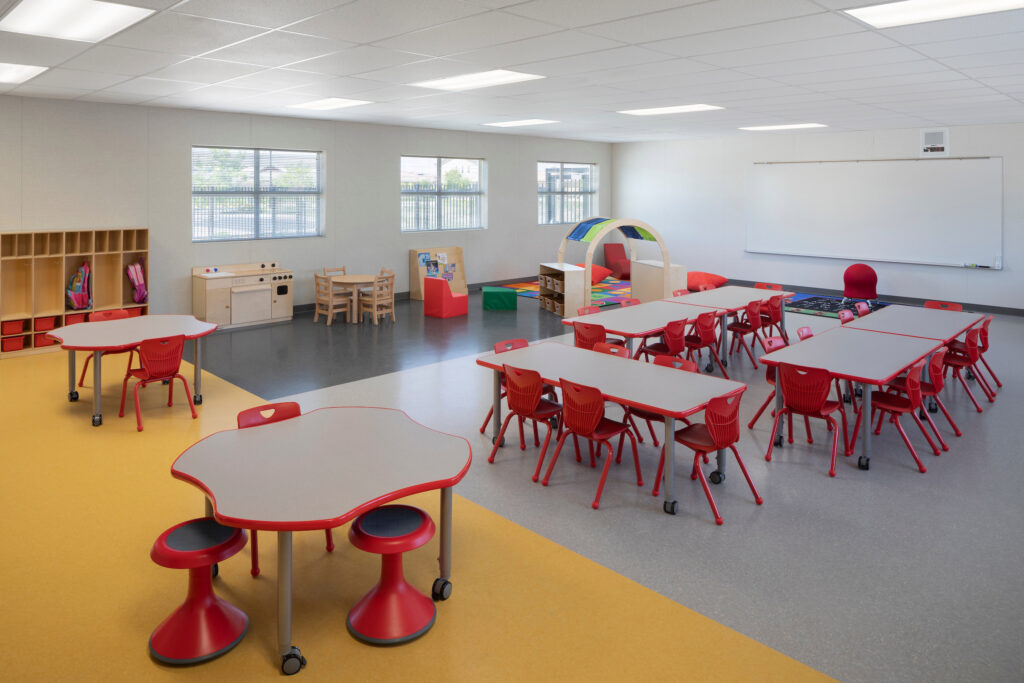 Bright and colorful kindergarten classroom at Spring Lake Elementary School, with flexible seating for young learners.