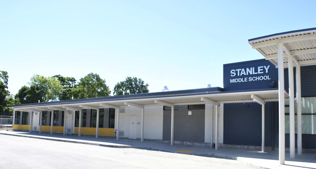 Exterior view of Stanley Middle School's new classroom building, part of the STEM-focused educational spaces designed by JL Modular.