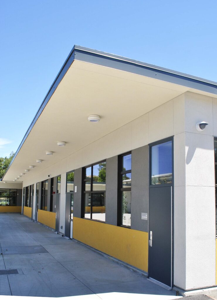 Close-up of the new modular classroom building at Stanley Middle School, designed with advanced features for STEM and general education.