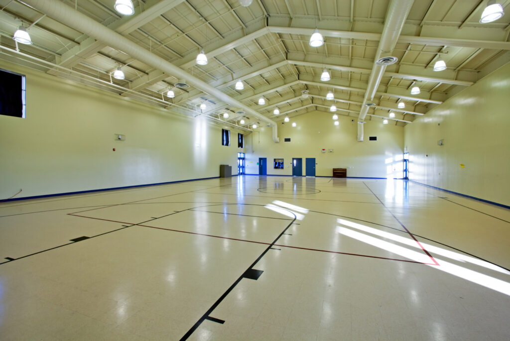 Interior of the gymnasium at California Montessori Project Elk Grove’s multipurpose building.